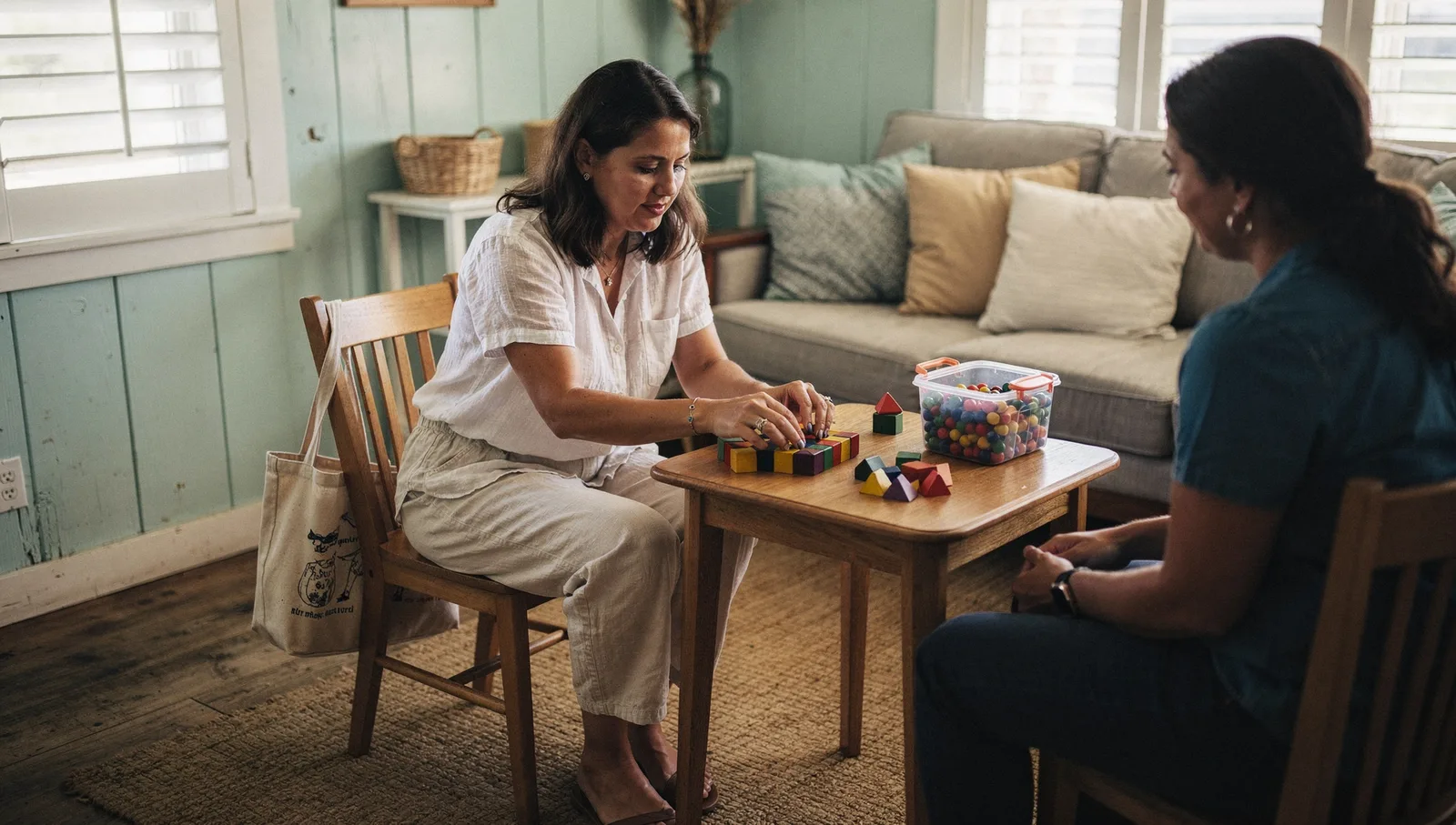 Behavior analyst demonstrating hand-over-hand prompting with a wooden puzzle to a parent at a small table.