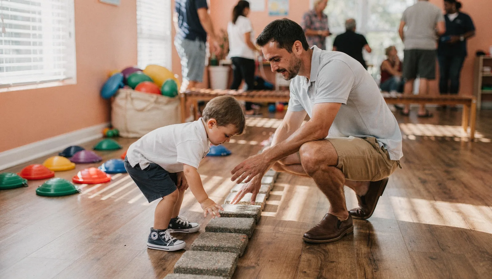 A therapist crouches beside a young child walking across sensory stepping stones in a sunny pediatric clinic gym.