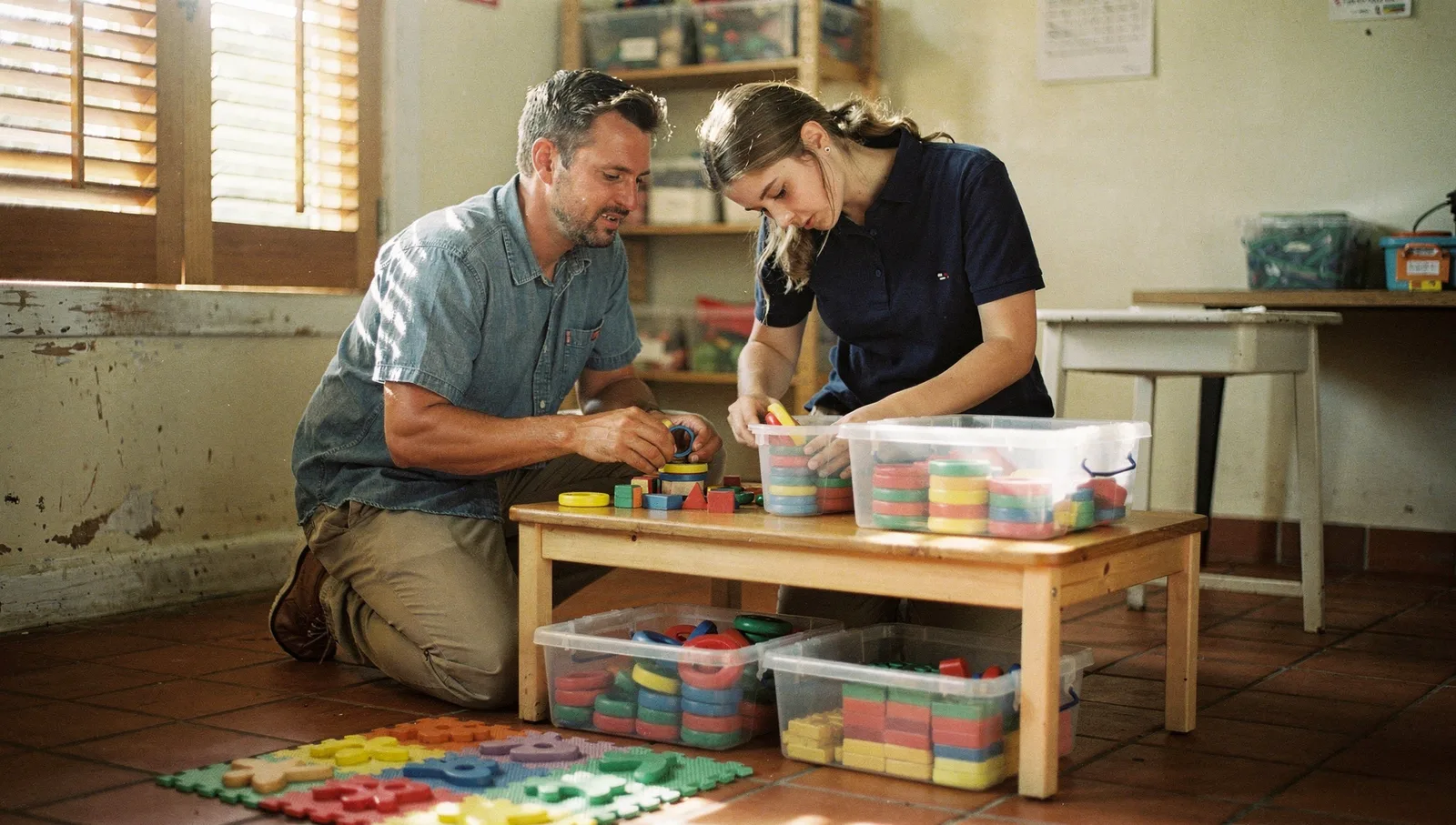 An instructor and trainee organize colorful sensory rings and blocks into plastic bins in a sunlit training room.
