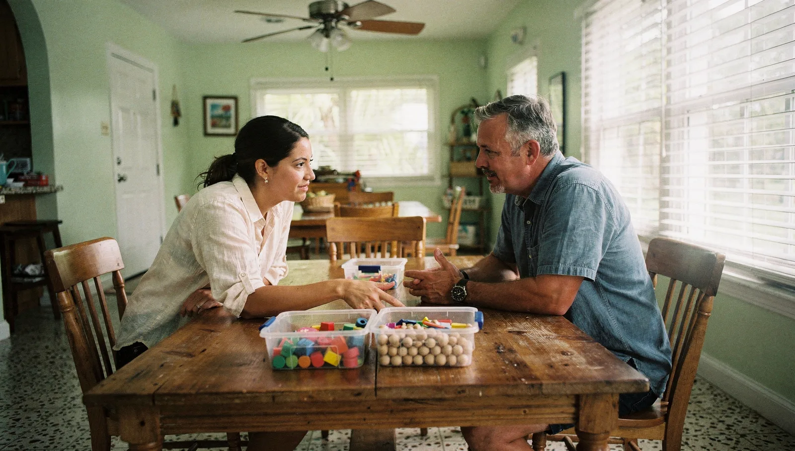 A behavior analyst and a father discuss care scheduling at a dining table with bins of therapy manipulatives.