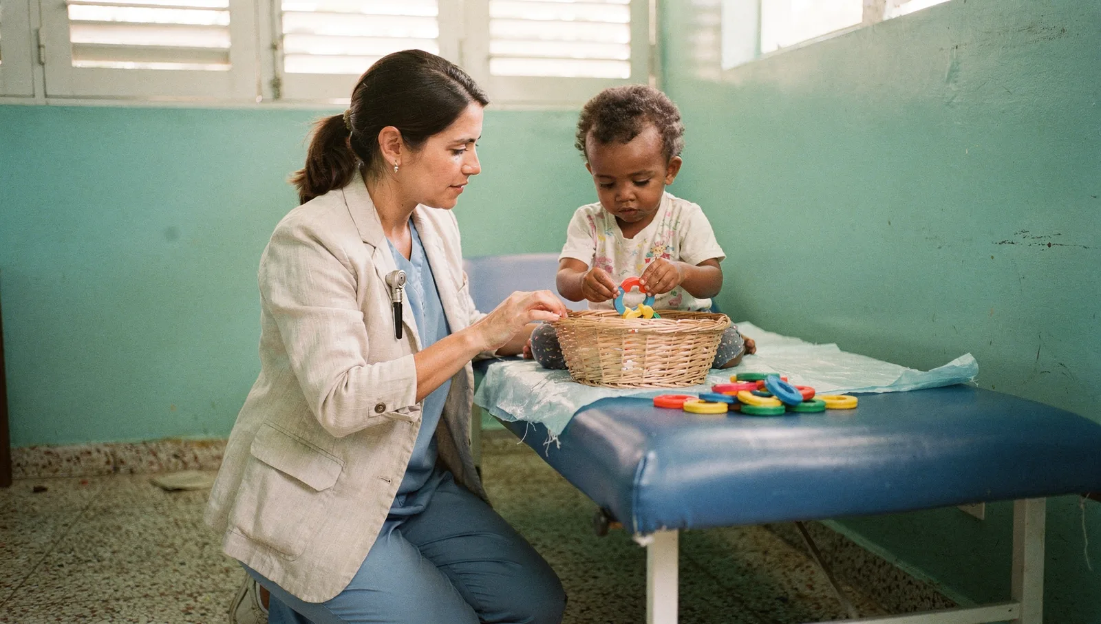 Pediatrician kneeling by an exam table, observing a young child sorting colorful plastic sensory rings into a basket.