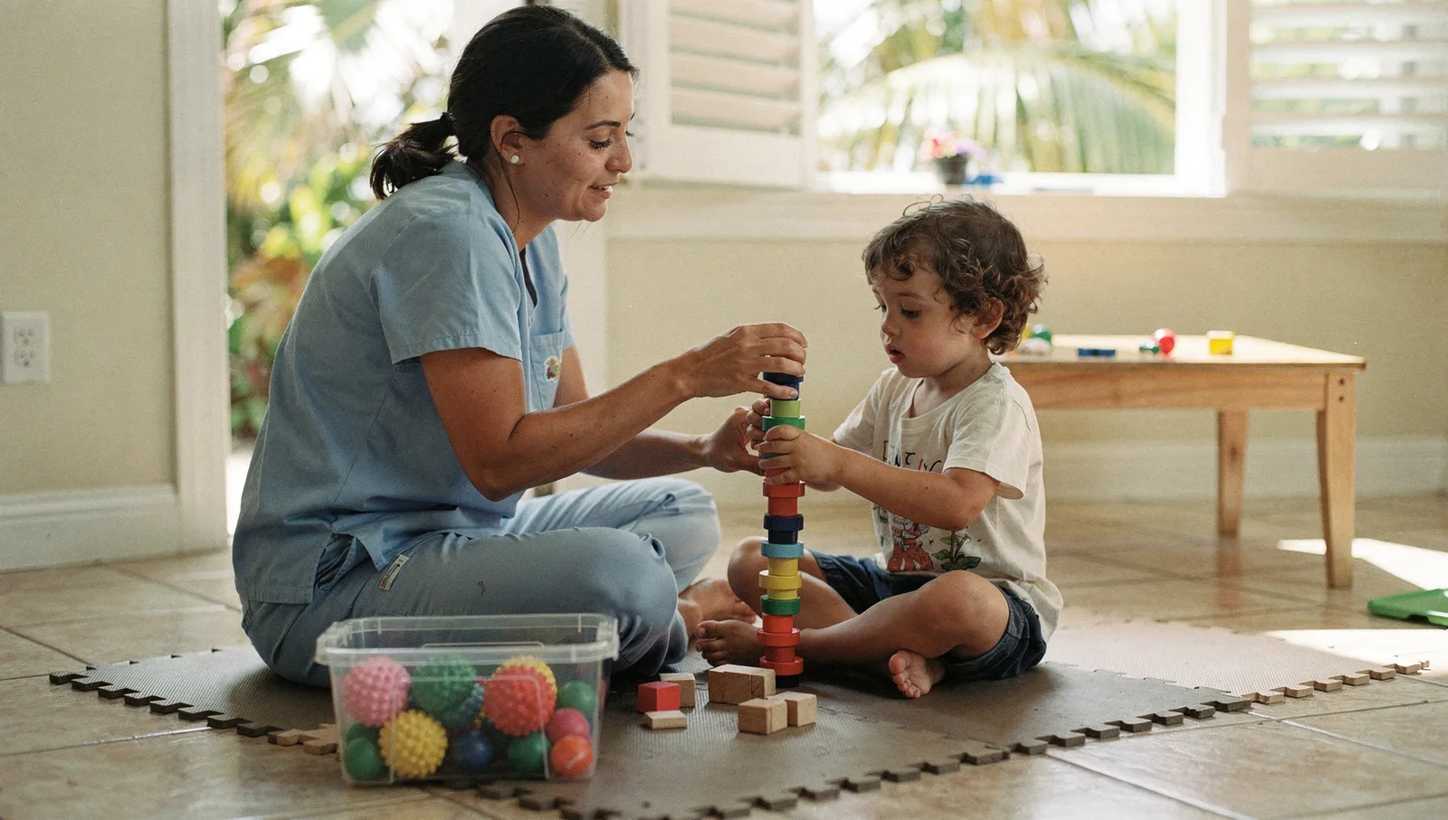 A therapist guides a young child's hands to stack colored rings on a foam mat in a sunlit therapy room.