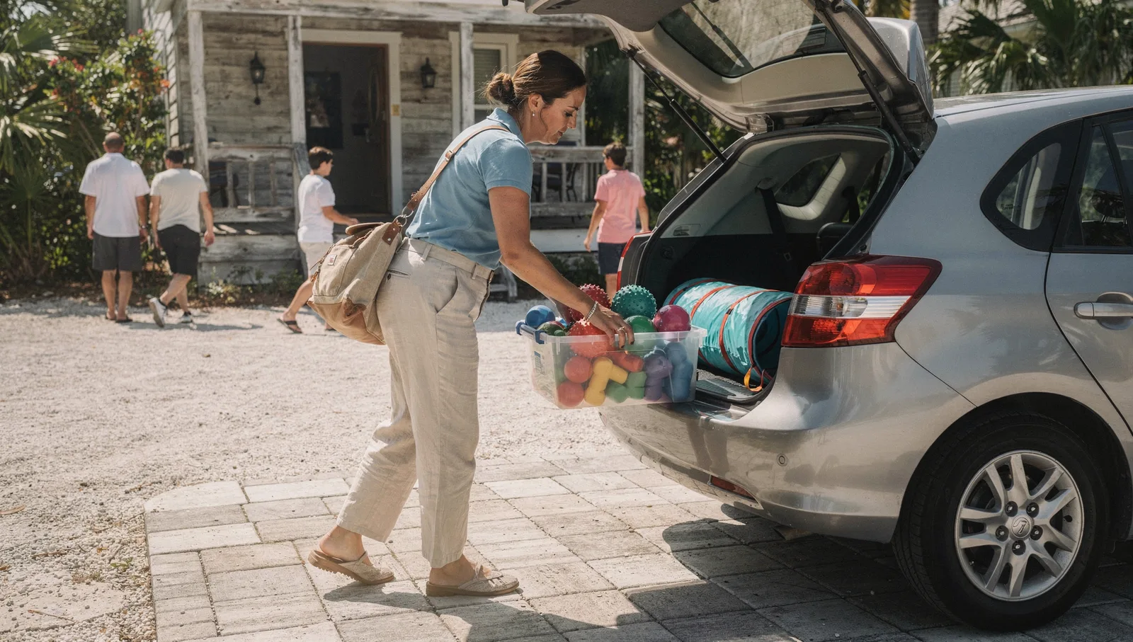 A woman unloads sensory therapy equipment and a fabric tunnel from her car trunk in a driveway outside a house.
