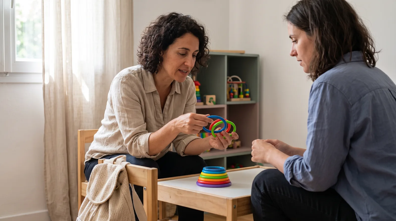 A clinic coordinator uses colorful stacking rings to demonstrate a therapy technique to a mother at a table.