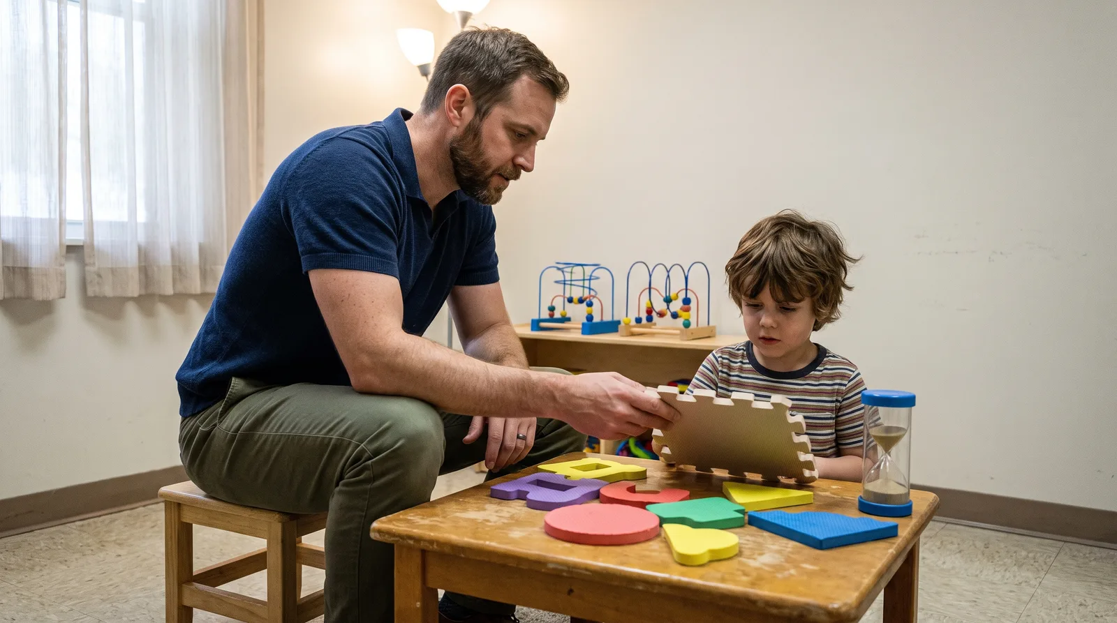 A psychologist seated at a low table hands a foam puzzle piece to a focused young child in a clinic evaluation room.