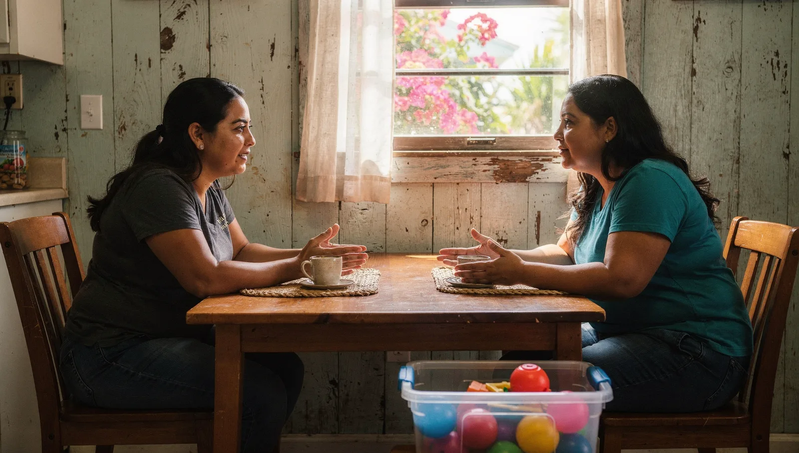 Two Hispanic women sit at a wooden dining table having an empathetic consultation in a sunlit kitchen.