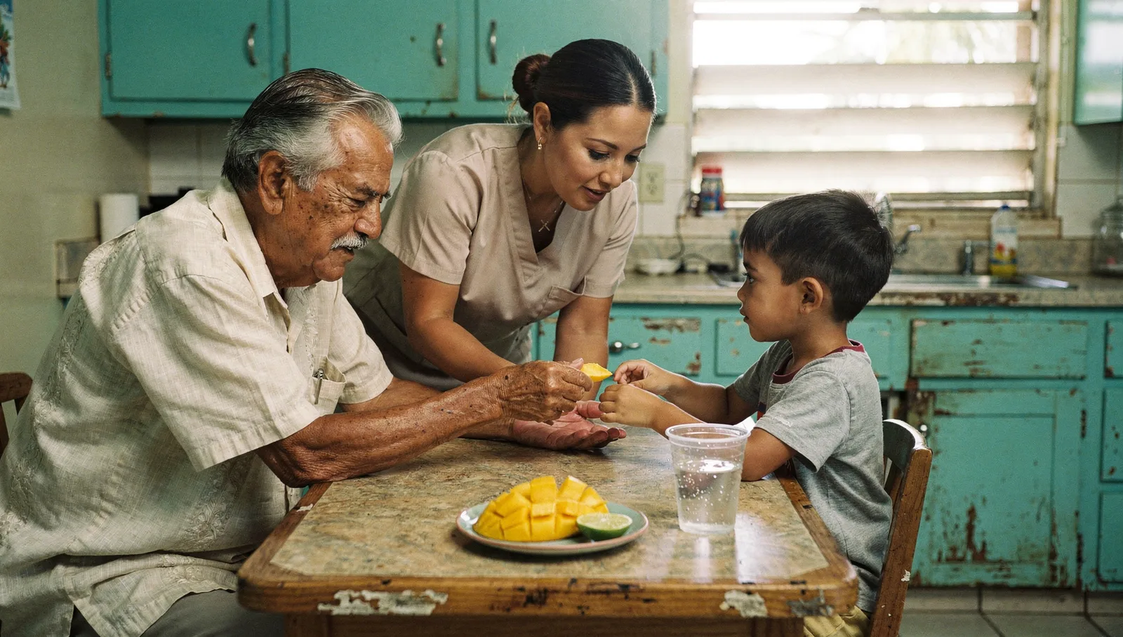 A therapist guides a grandfather's hands as he offers mango slices to his grandson at a kitchen table.