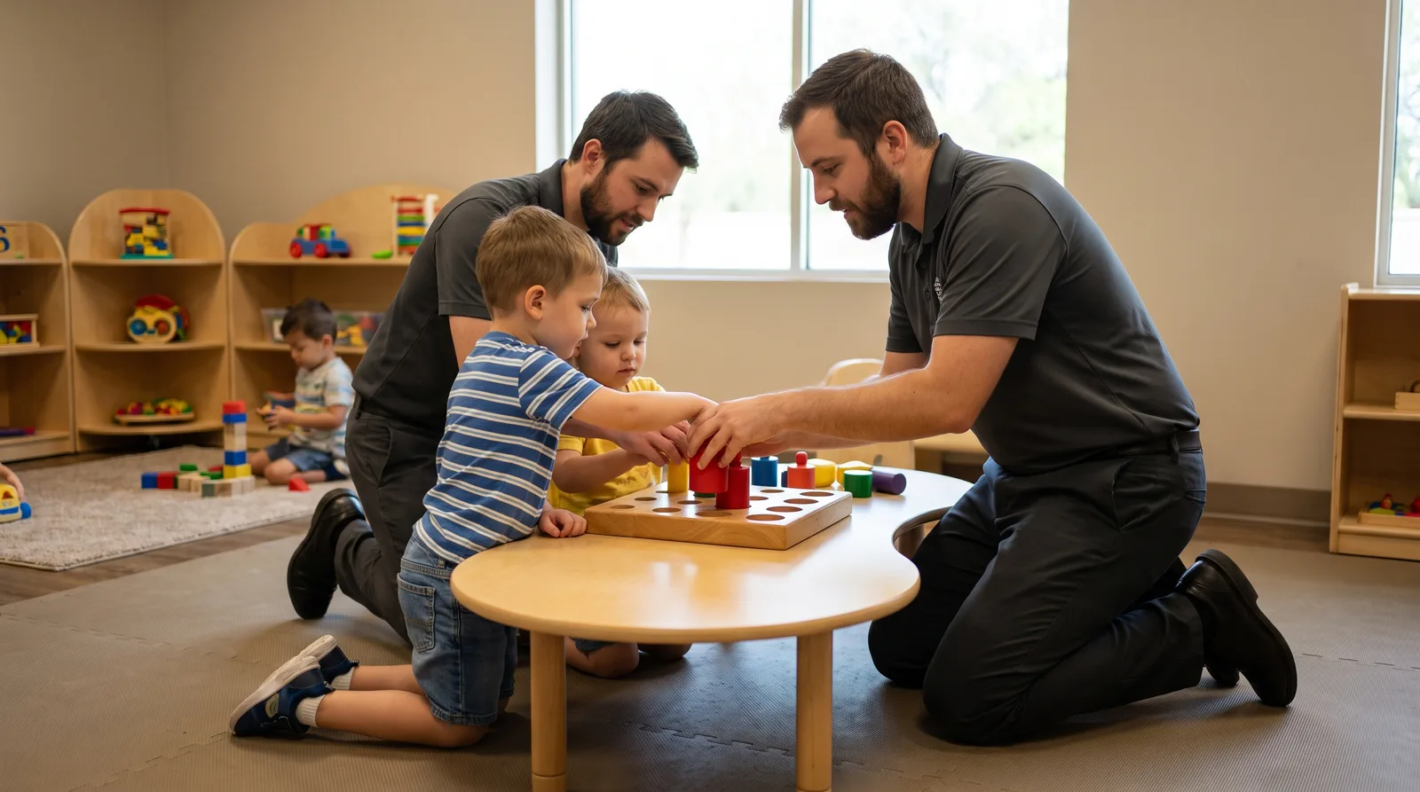 A male therapist helps a young boy place a wooden peg into a matching baseboard at a low table in a classroom.