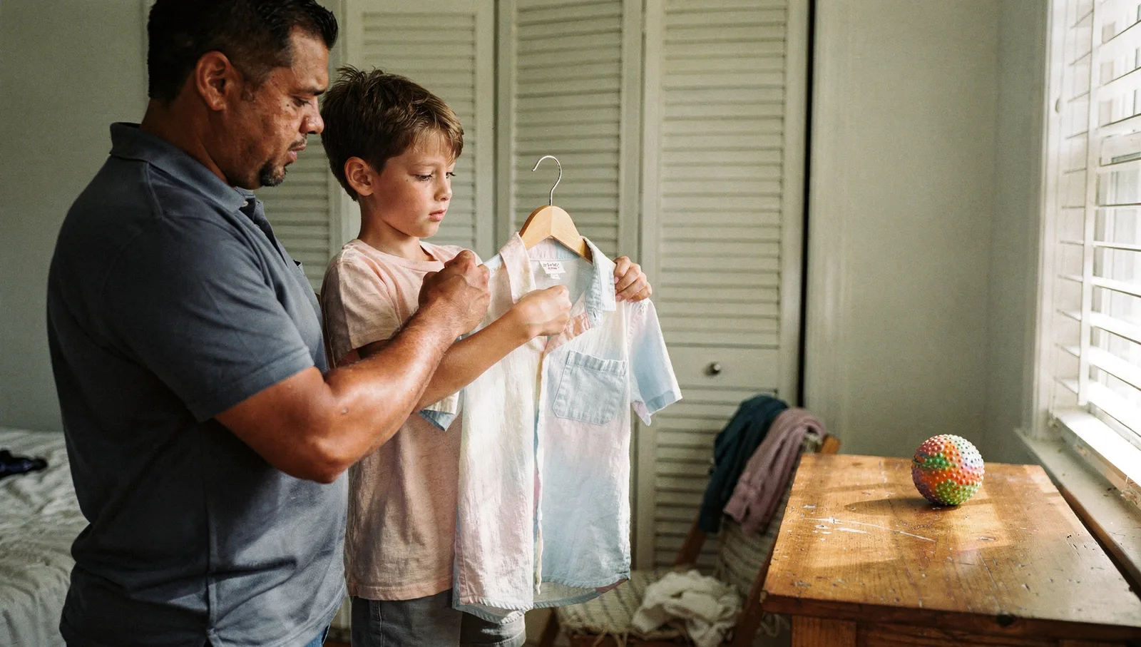 A male therapist coaches an autistic boy on buttoning a collared shirt on a hanger in a sunlit bedroom.