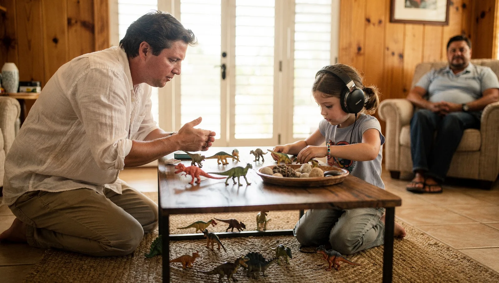 A therapist and a young girl in headphones arrange toy dinosaurs on a table, with a parent watching from an armchair.