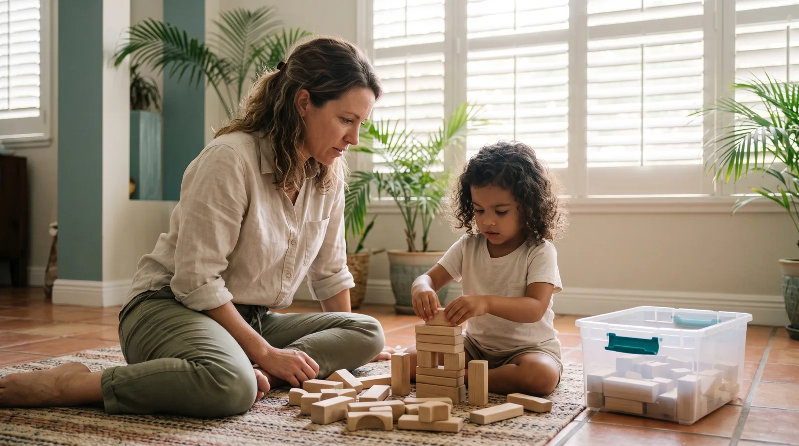 A therapist sits on the floor observing a young girl stacking wooden blocks in a sunlit living room.